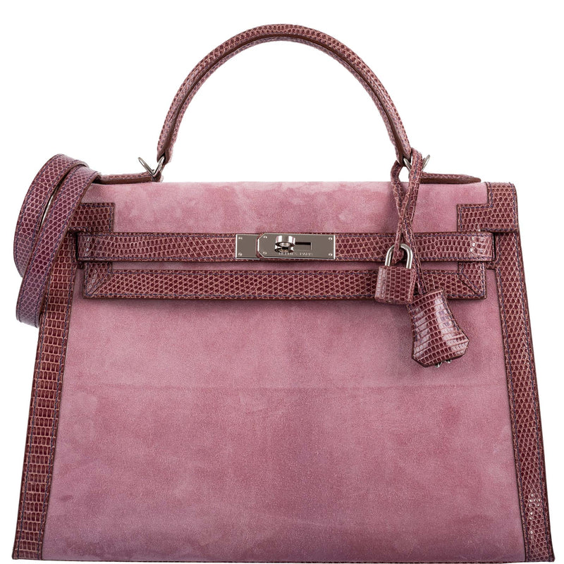 HSS Kelly 32 Sellier Mauve Lizard and Rose Indienne Doblis Suede Palladium Hardware