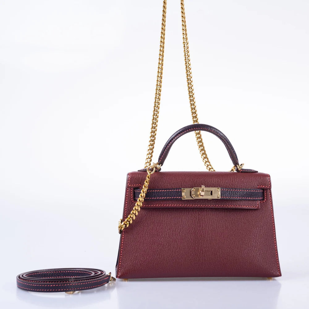 HERMÈS HSS MINI KELLY 20 BORDEAUX AND RAISIN CHEVRE GOLD HARDWARE