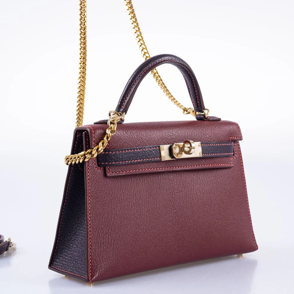 HERMÈS HSS MINI KELLY 20 BORDEAUX AND RAISIN CHEVRE GOLD HARDWARE