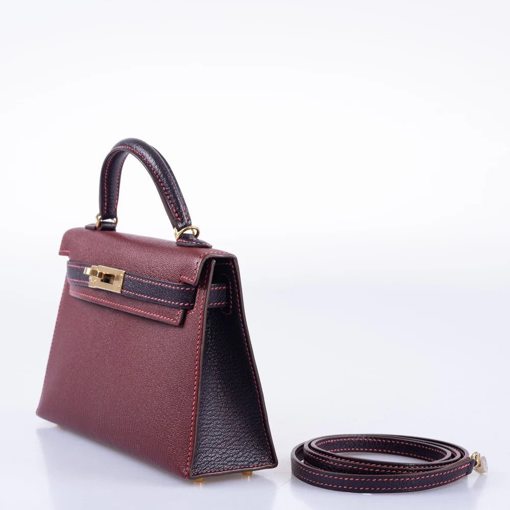 HERMÈS HSS MINI KELLY 20 BORDEAUX AND RAISIN CHEVRE GOLD HARDWARE