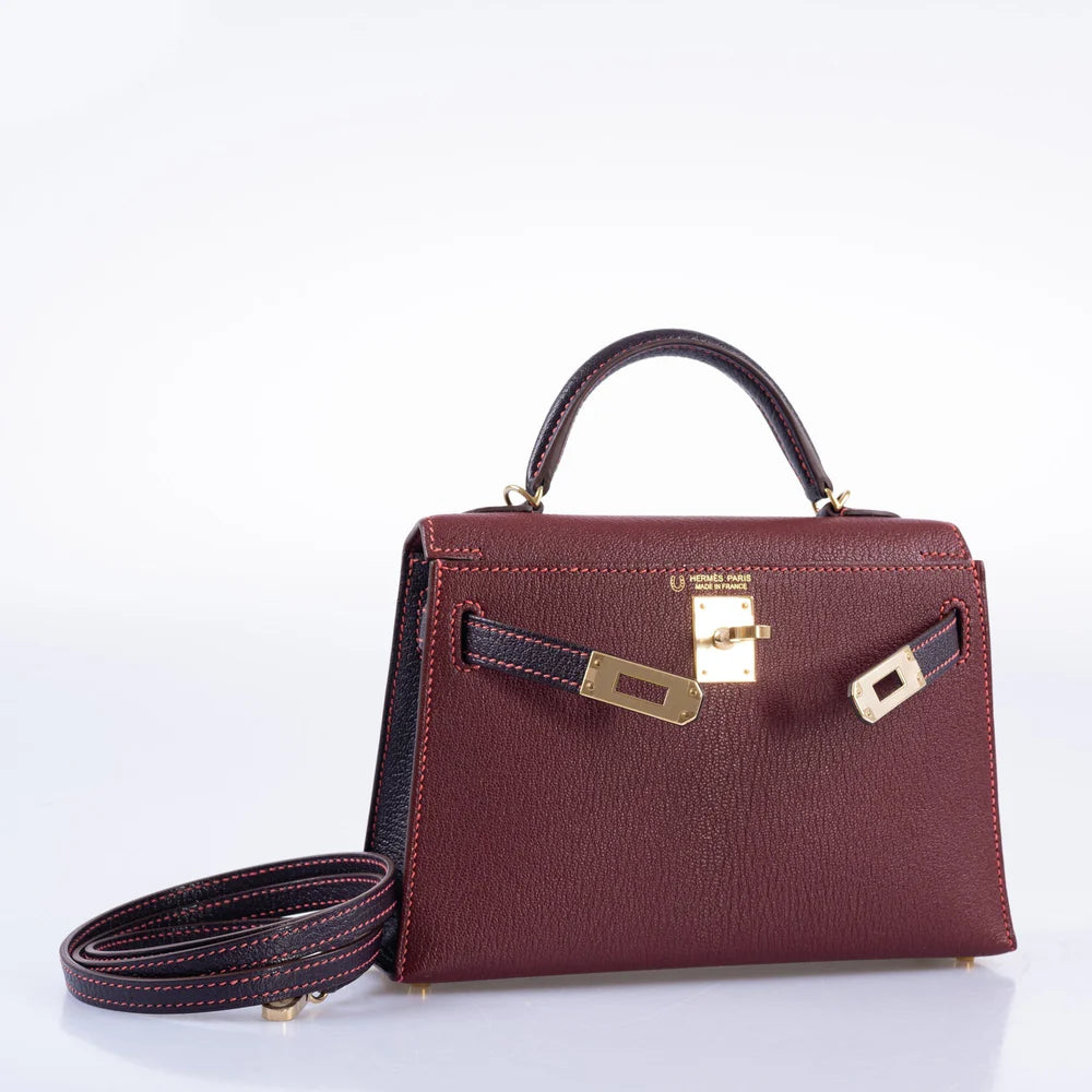 HERMÈS HSS MINI KELLY 20 BORDEAUX AND RAISIN CHEVRE GOLD HARDWARE