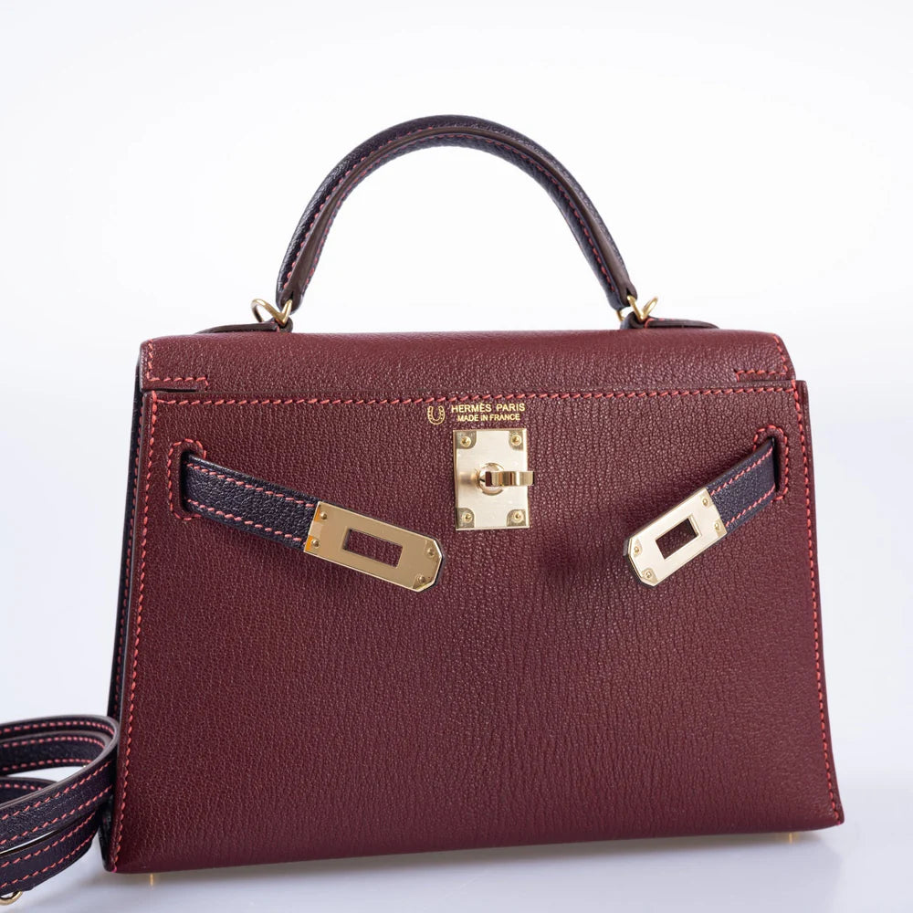 HERMÈS HSS MINI KELLY 20 BORDEAUX AND RAISIN CHEVRE GOLD HARDWARE