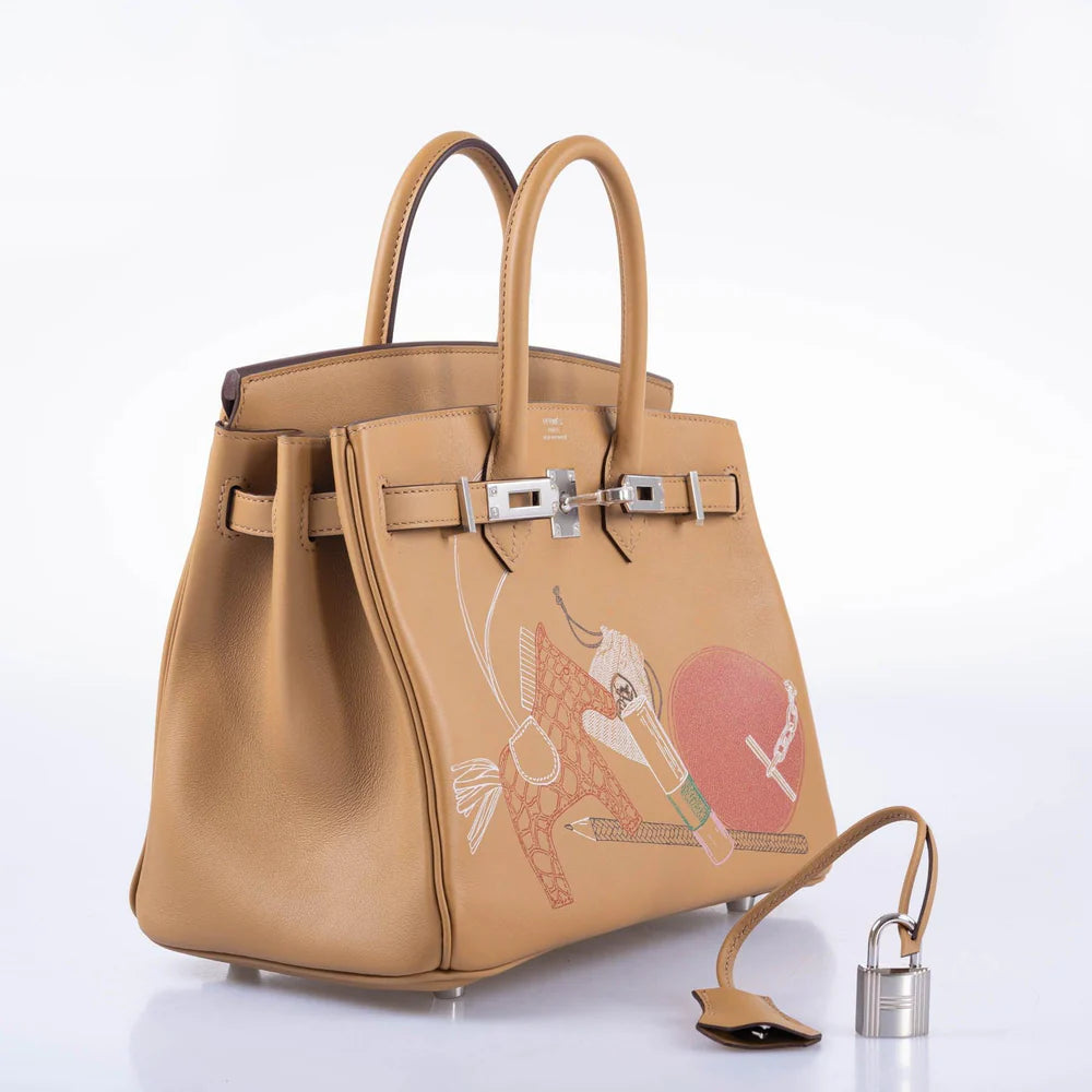 HERMÈS IN AND OUT BIRKIN 25 BISCUIT PRINTED SWIFT PALLADIUM HARDWARE