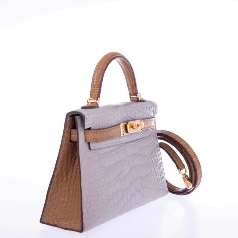 Kelly 20 HSS Mini II Sellier Gris Perle and Kraft Matte Alligator Gold Hardware