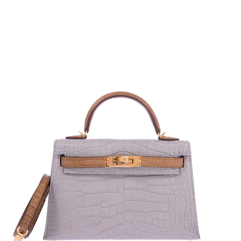 Kelly 20 HSS Mini II Sellier Gris Perle and Kraft Matte Alligator Gold Hardware