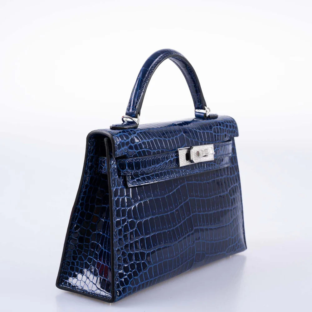 HERMÈS KELLY 20 MINI II SELLIER BLUE SAPPHIRE POROSUS CROCODILE WHITE GOLD HARDWARE WITH DIAMONDS