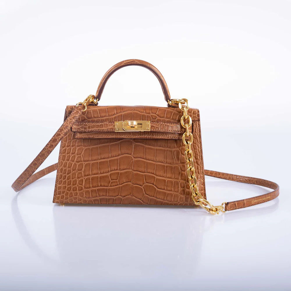 HERMÈS KELLY 20 MINI II SELLIER GOLD MATTE ALLIGATOR WITH GOLD HARDWARE