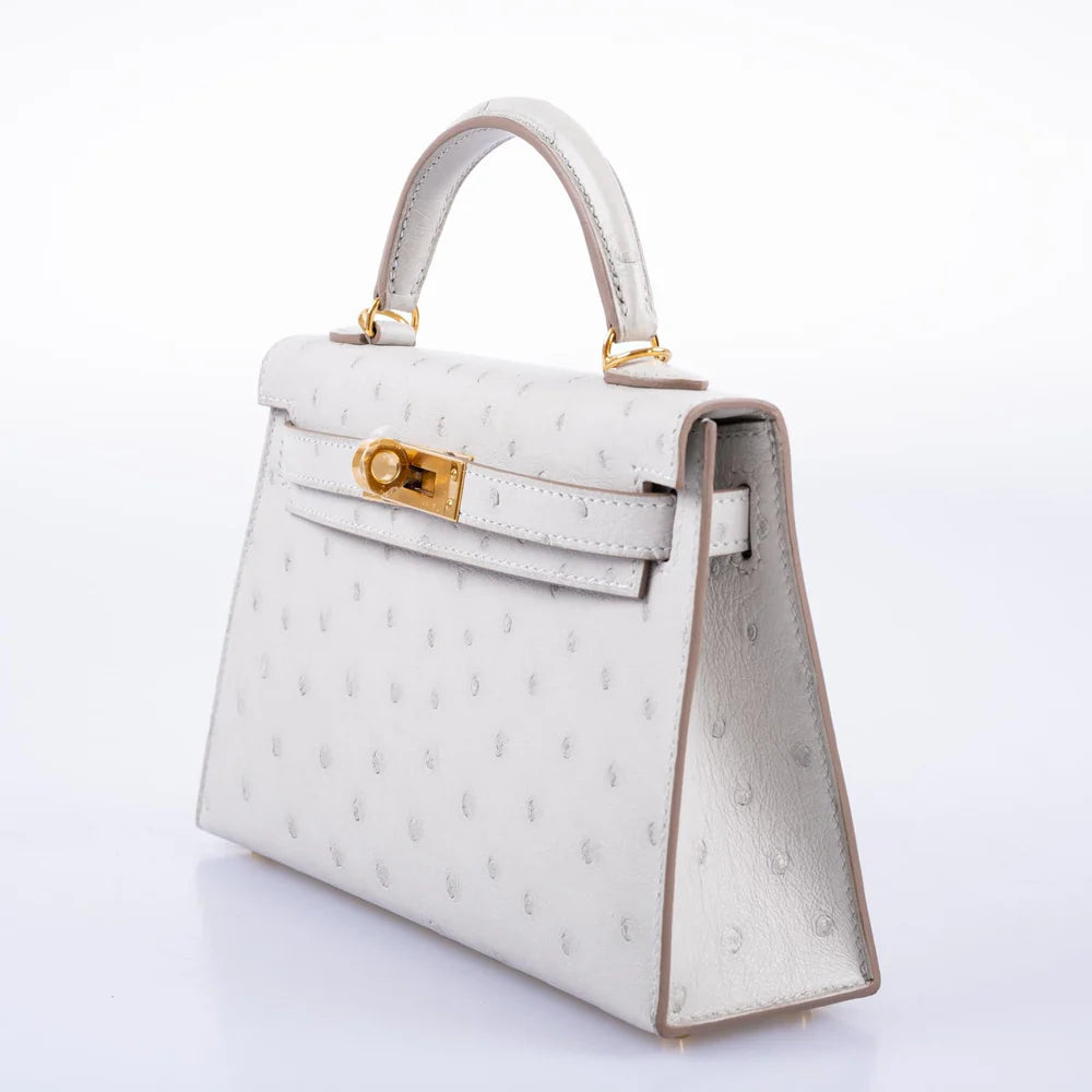 HERMÈS KELLY 20 MINI II SELLIER GRIS PERLE OSTRICH WITH GOLD HARDWARE