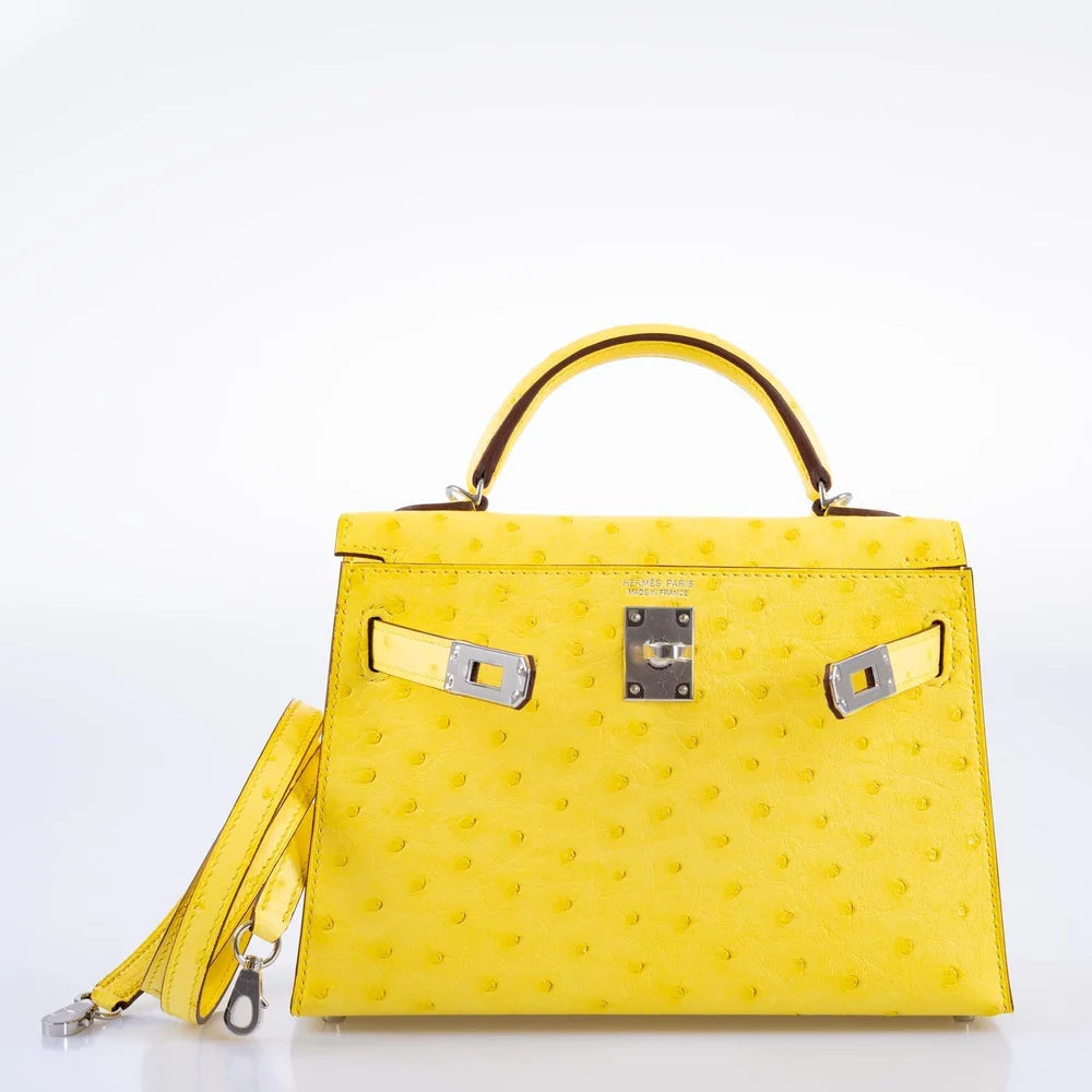 HERMÈS KELLY 20 MINI II SELLIER JAUNE CITRON OSTRICH PALLADIUM HARDWARE