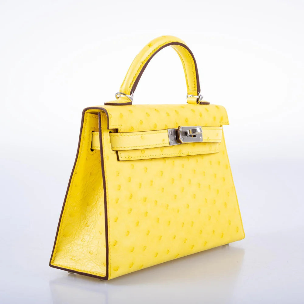 HERMÈS KELLY 20 MINI II SELLIER JAUNE CITRON OSTRICH PALLADIUM HARDWARE