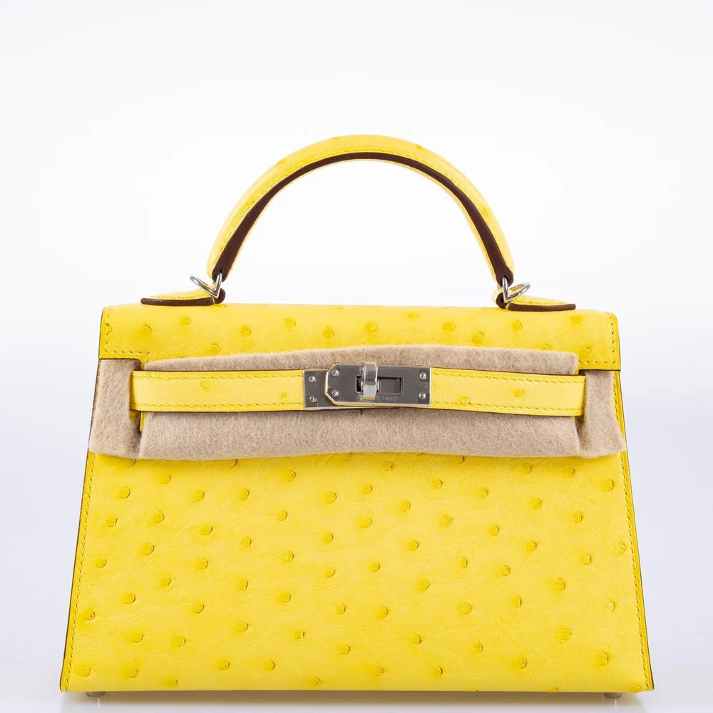 HERMÈS KELLY 20 MINI II SELLIER JAUNE CITRON OSTRICH PALLADIUM HARDWARE