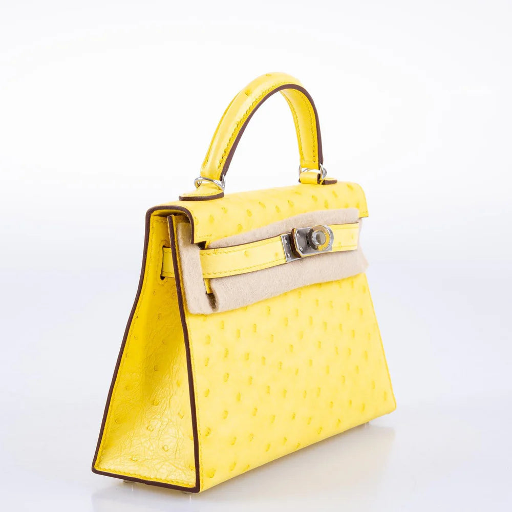 HERMÈS KELLY 20 MINI II SELLIER JAUNE CITRON OSTRICH PALLADIUM HARDWARE