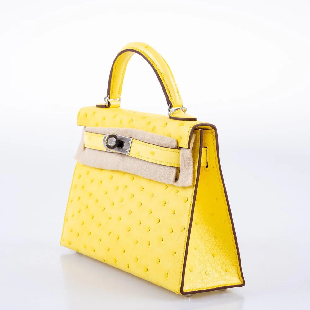 HERMÈS KELLY 20 MINI II SELLIER JAUNE CITRON OSTRICH PALLADIUM HARDWARE