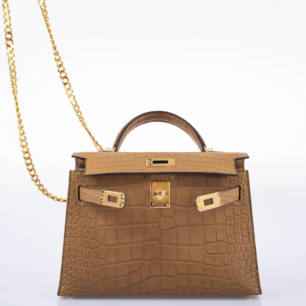 HERMÈS KELLY 20 MINI II SELLIER KRAFT MATTE ALLIGATOR WITH GOLD HARDWARE