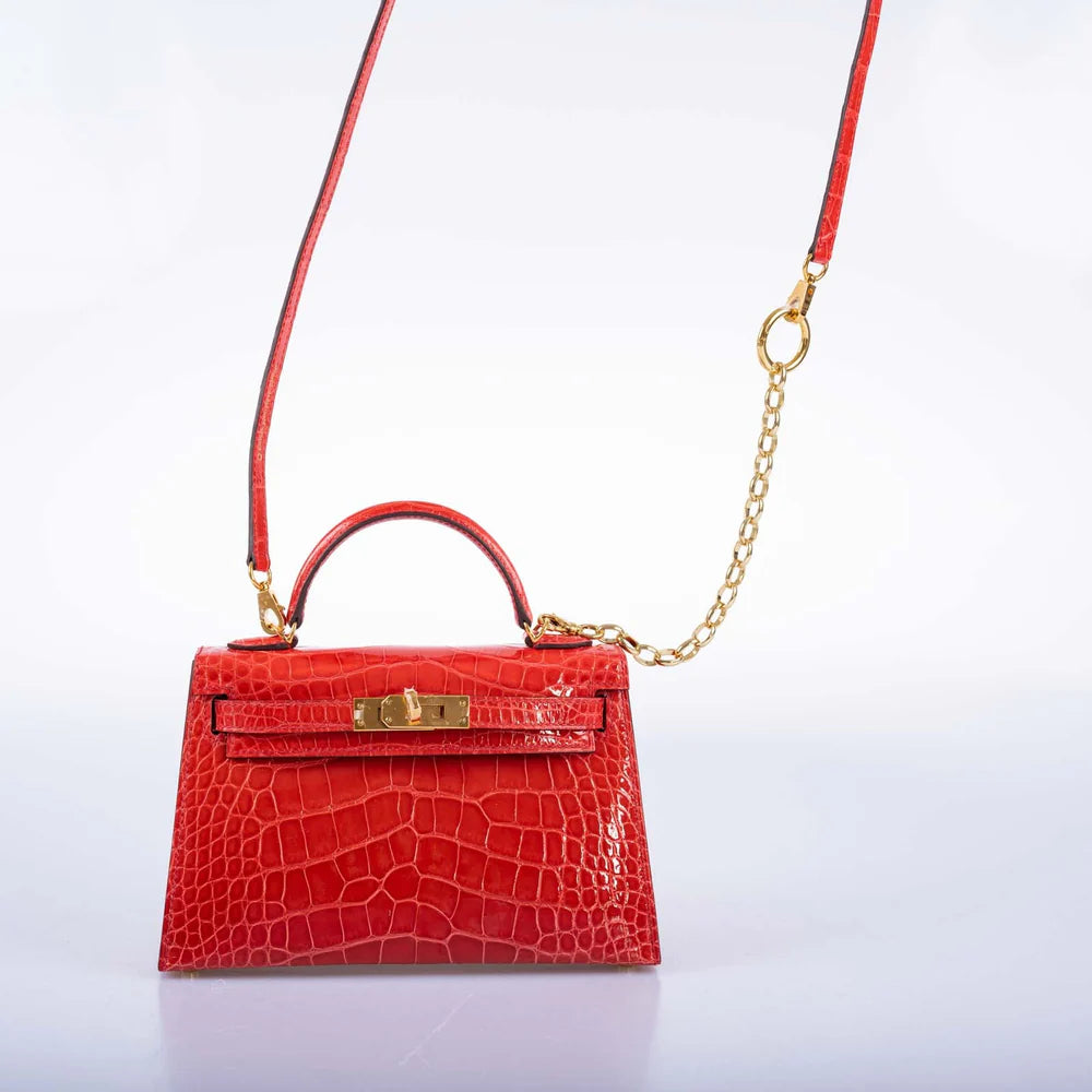 HERMÈS KELLY 20 MINI II SELLIER ROUGE DE COEUR SHINY ALLIGATOR WITH GOLD HARDWARE