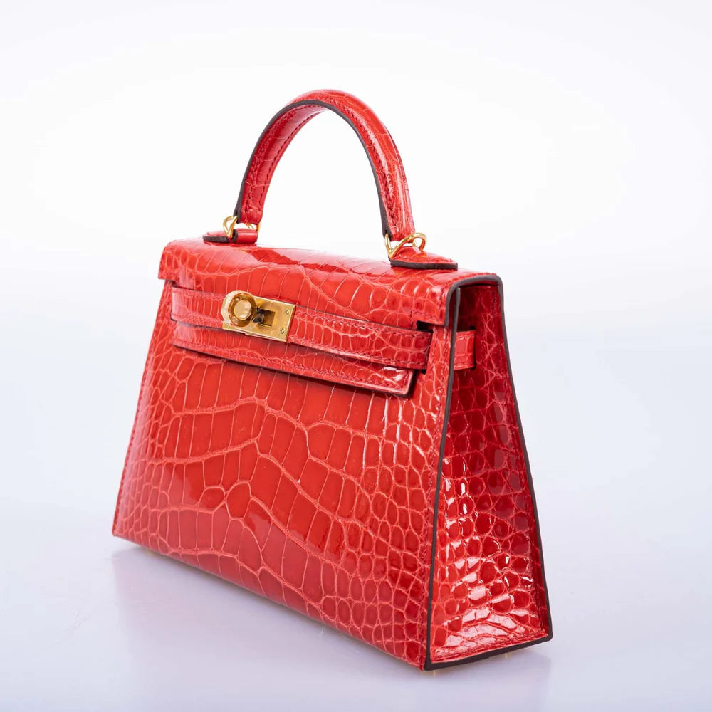 HERMÈS KELLY 20 MINI II SELLIER ROUGE DE COEUR SHINY ALLIGATOR WITH GOLD HARDWARE