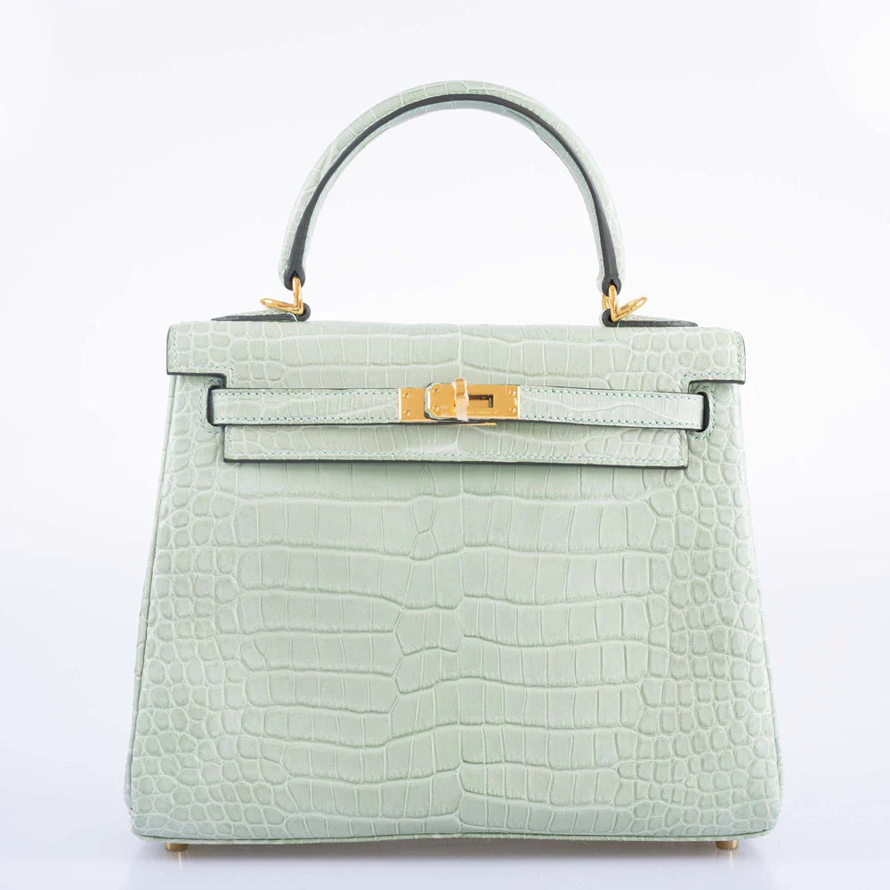 HERMES KELLY 25 MATTE VERT D'EAU POROSUS CROCODILE GOLD HARDWARE