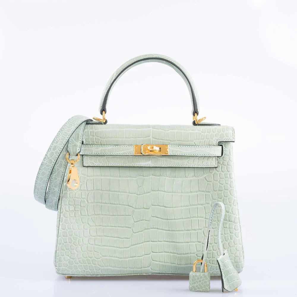 HERMES KELLY 25 MATTE VERT D'EAU POROSUS CROCODILE GOLD HARDWARE