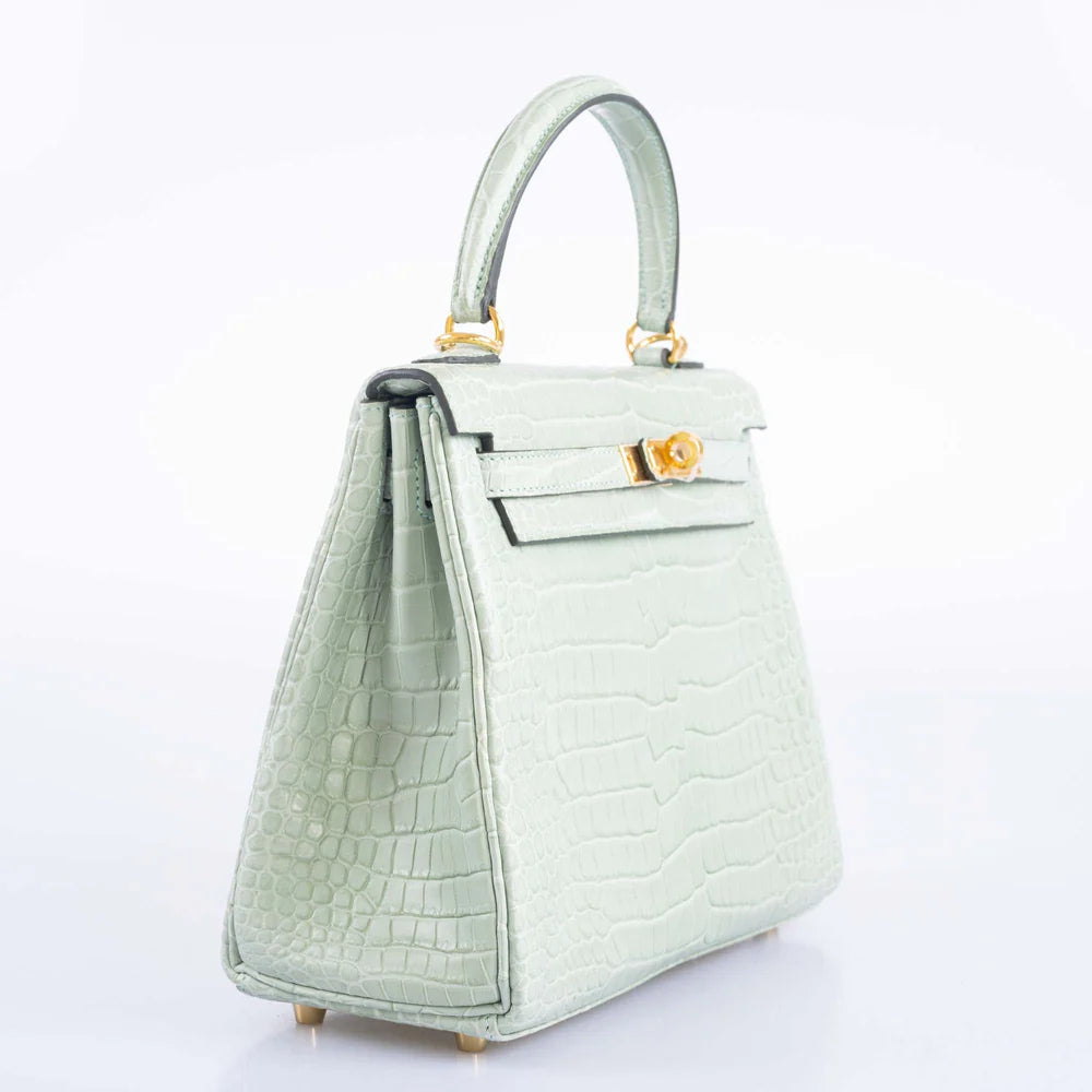 HERMES KELLY 25 MATTE VERT D'EAU POROSUS CROCODILE GOLD HARDWARE