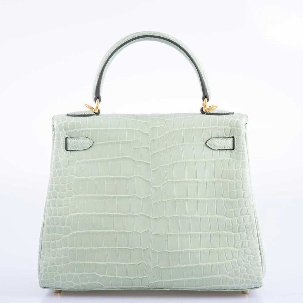 HERMES KELLY 25 MATTE VERT D'EAU POROSUS CROCODILE GOLD HARDWARE