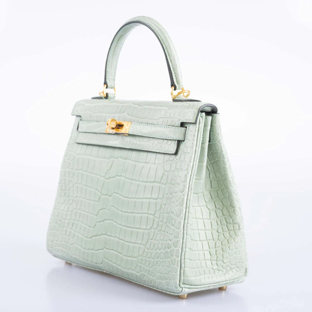 HERMES KELLY 25 MATTE VERT D'EAU POROSUS CROCODILE GOLD HARDWARE