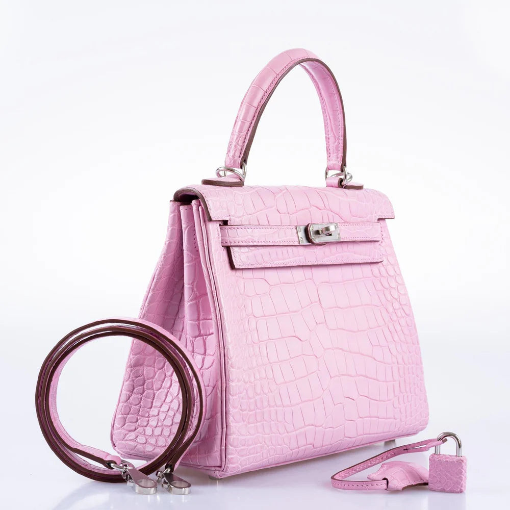 HERMÈS KELLY 25 RETOURNE MATTE 5P BUBBLEGUM PINK ALLIGATOR PALLADIUM HARDWARE