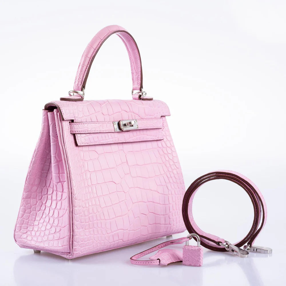 HERMÈS KELLY 25 RETOURNE MATTE 5P BUBBLEGUM PINK ALLIGATOR PALLADIUM HARDWARE