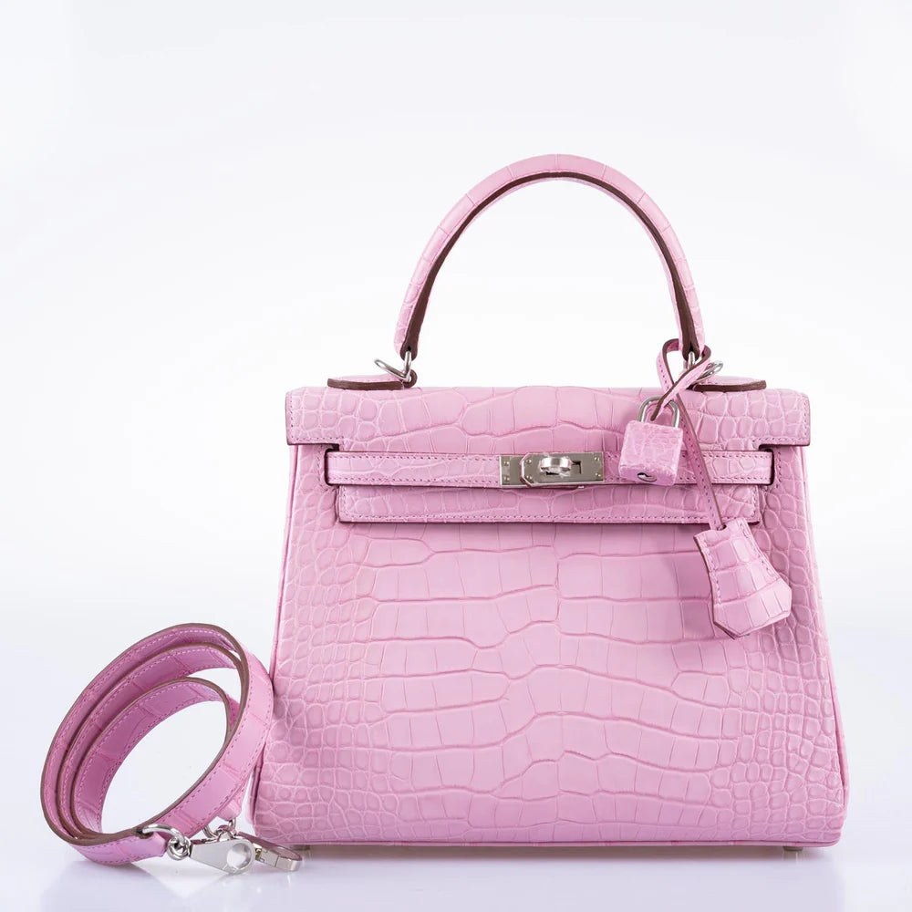 HERMÈS KELLY 25 RETOURNE MATTE 5P BUBBLEGUM PINK ALLIGATOR PALLADIUM HARDWARE