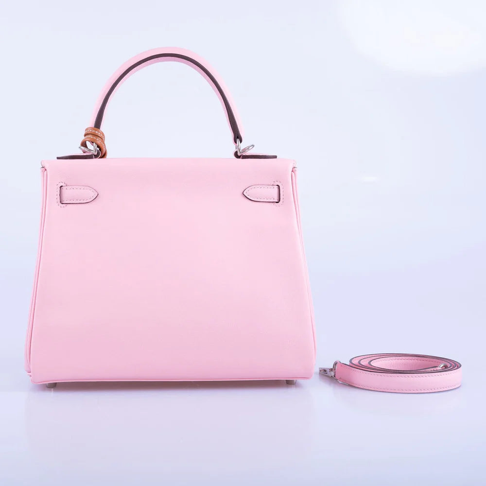 HERMÈS KELLY 25 RETOURNE ROSE SAKURA SWIFT LEATHER PALLADIUM HARDWARE