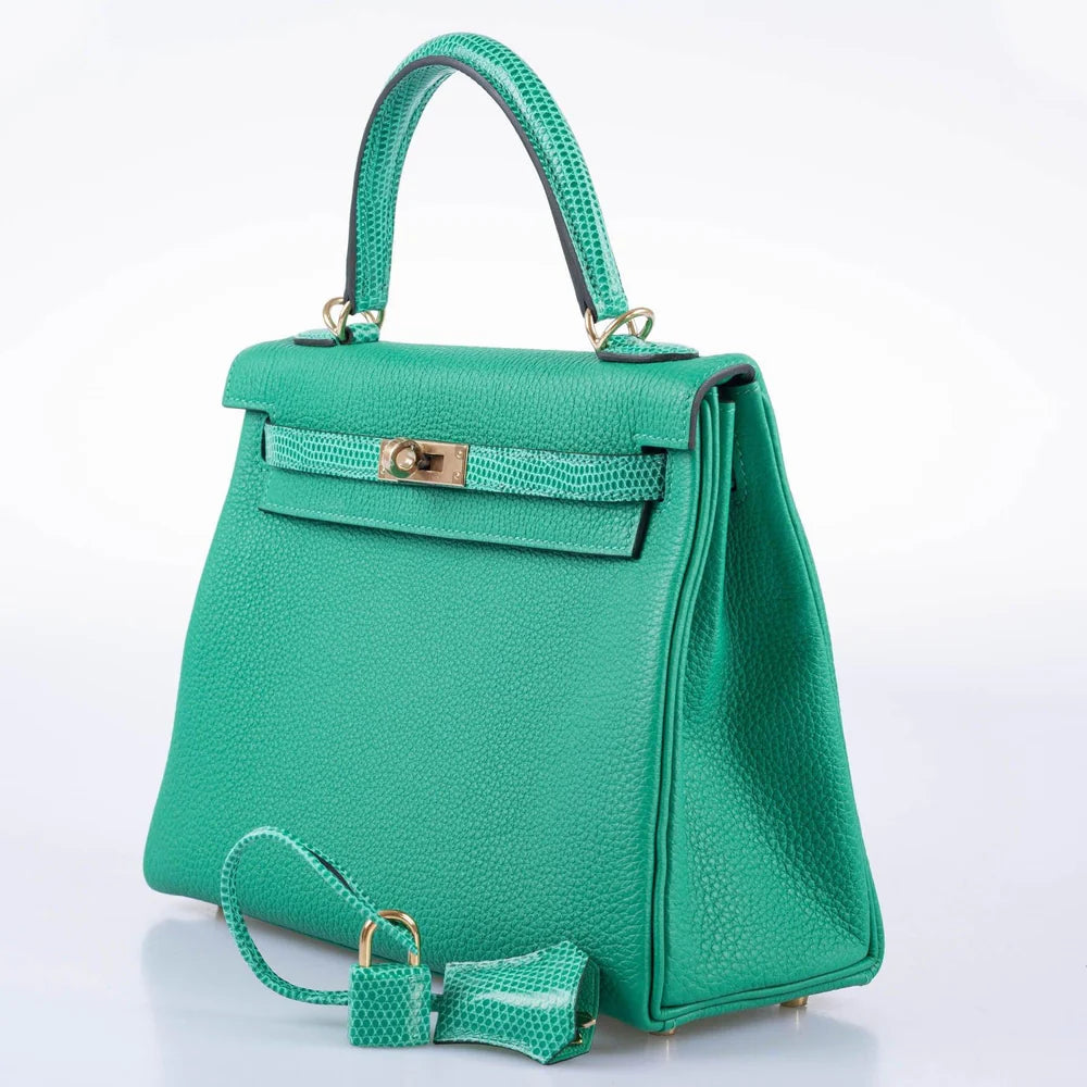 HERMÈS KELLY 25 RETOURNE TOUCH MENTHE TOGO AND LIZARD GOLD HARDWARE