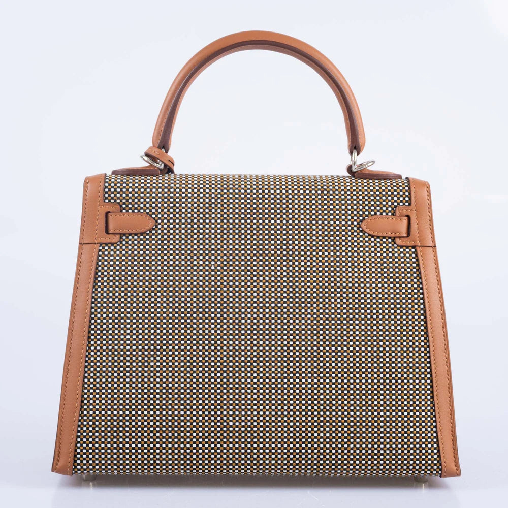 HERMÈS KELLY 25 SELLIER QUADRILLE SESAME SWIFT AND CANVAS PALLADIUM HARDWARE