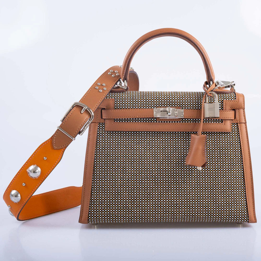 HERMÈS KELLY 25 SELLIER QUADRILLE SESAME SWIFT AND CANVAS PALLADIUM HARDWARE