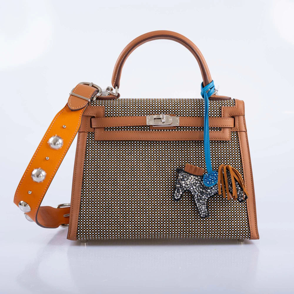 HERMÈS KELLY 25 SELLIER QUADRILLE SESAME SWIFT AND CANVAS PALLADIUM HARDWARE