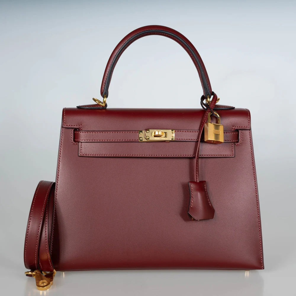 HERMÈS KELLY 25 SELLIER ROUGE H SOMBRERO LEATHER GOLD HARDWARE