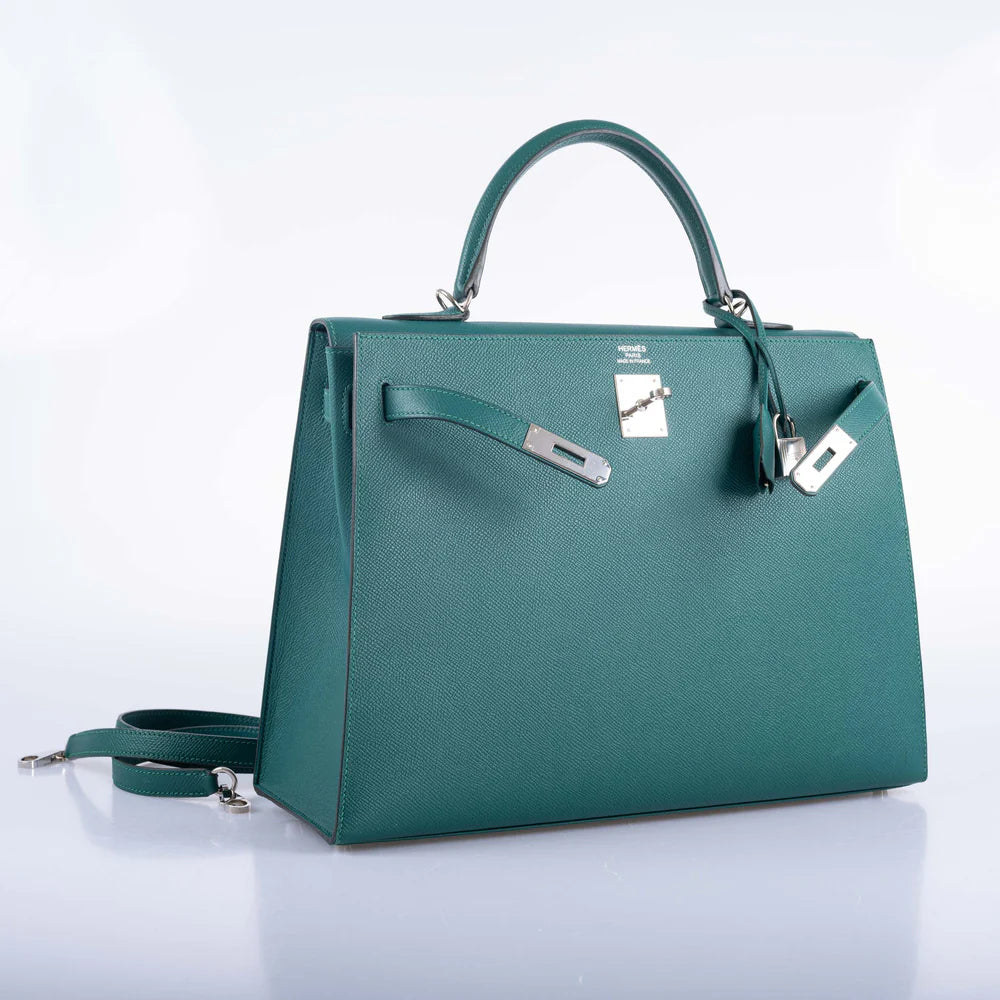 HERMÈS KELLY 35 SELLIER MALACHITE EPSOM PALLADIUM HARDWARE