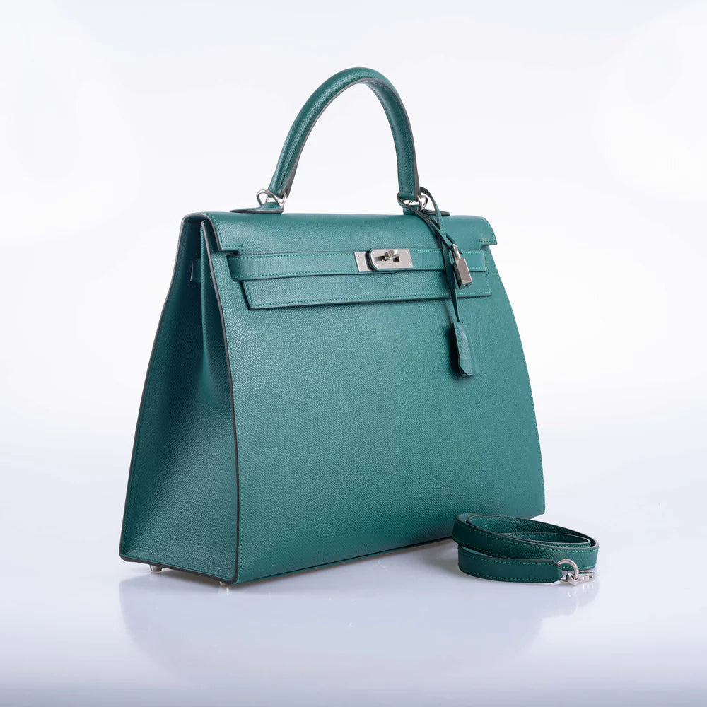 HERMÈS KELLY 35 SELLIER MALACHITE EPSOM PALLADIUM HARDWARE