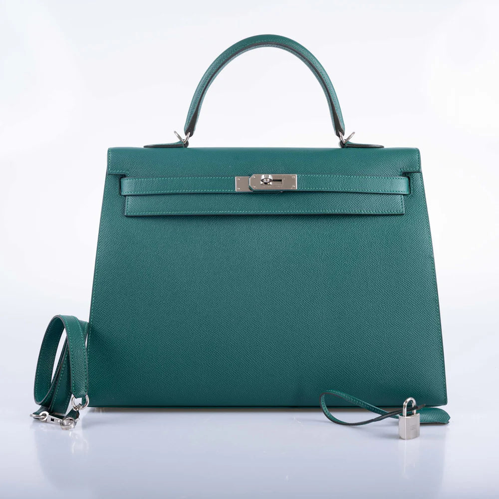 HERMÈS KELLY 35 SELLIER MALACHITE EPSOM PALLADIUM HARDWARE