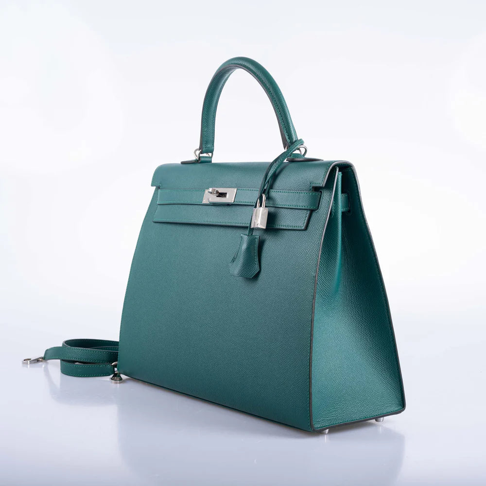 HERMÈS KELLY 35 SELLIER MALACHITE EPSOM PALLADIUM HARDWARE