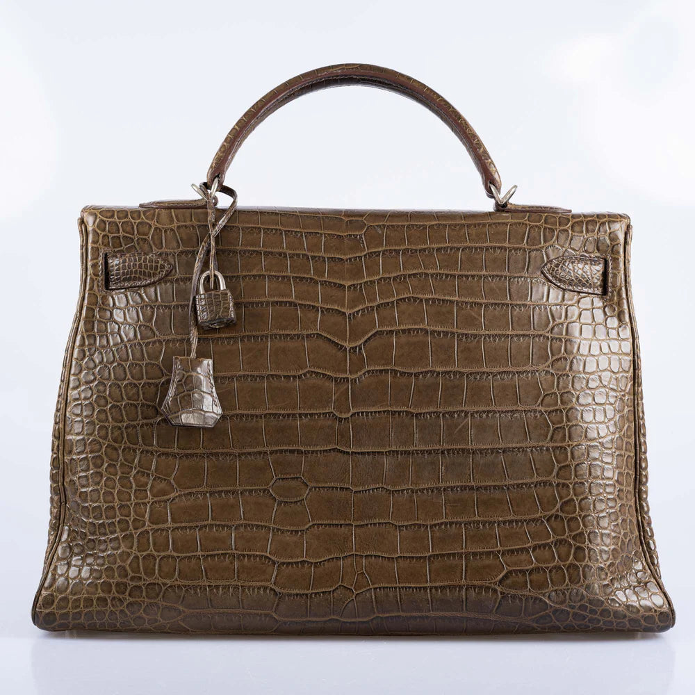 HERMÈS KELLY 40 RETOURNE GRIS ELEPHANT MATTE POROSUS CROCODILE PALLADIUM HARDWARE