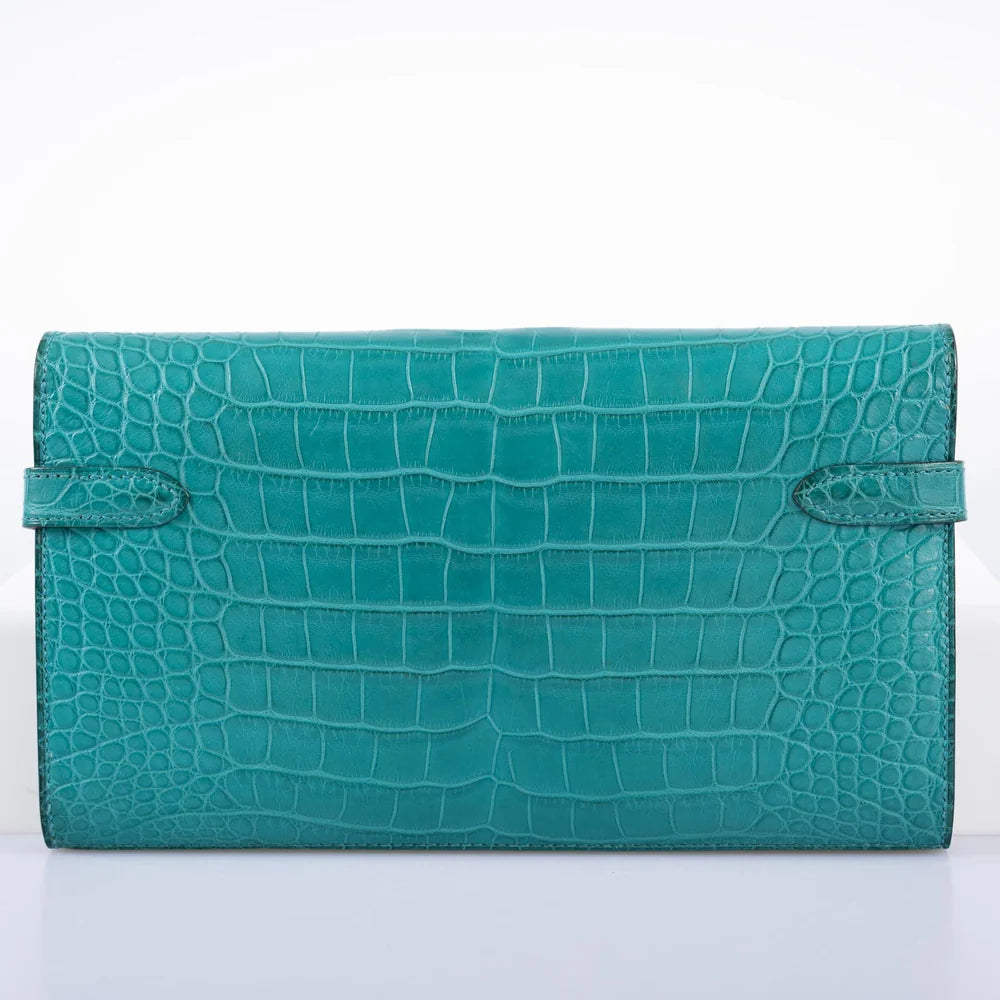 HERMÈS KELLY LONGUE WALLET BLUE PAON MATTE ALLIGATOR WITH PALLADIUM HARDWARE