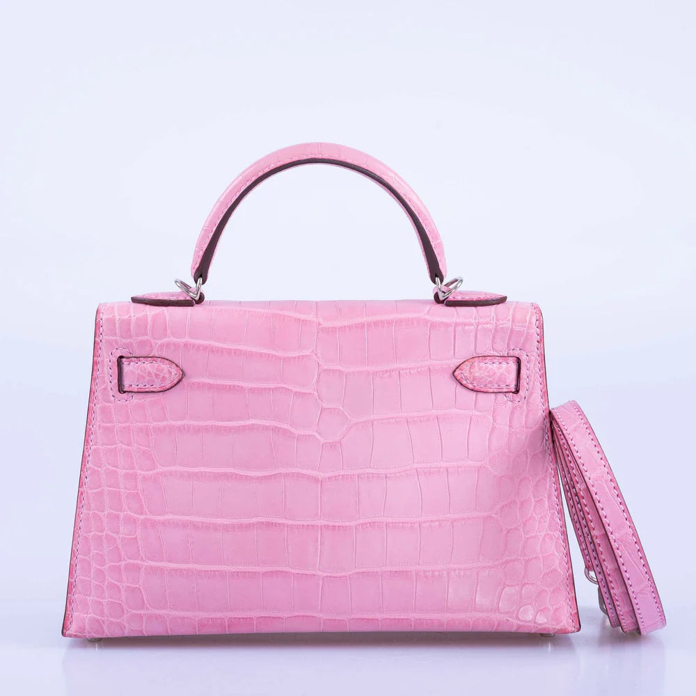 HERMÈS KELLY MINI 20 SELLIER BUBBLEGUM 5P PINK MATTE ALLIGATOR PALLADIUM HARDWARE