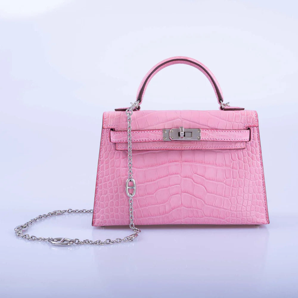 HERMÈS KELLY MINI 20 SELLIER BUBBLEGUM 5P PINK MATTE ALLIGATOR PALLADIUM HARDWARE