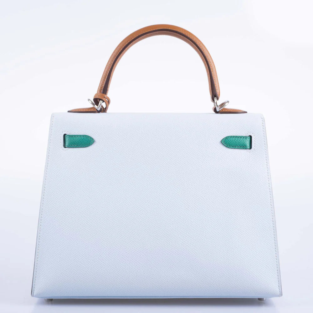 HERMÈS KELLY SELLIER 25 TRI-COLOR BLEU BRUME, VERT JADE AND GOLD EPSOM PALLADIUM HARDWARE