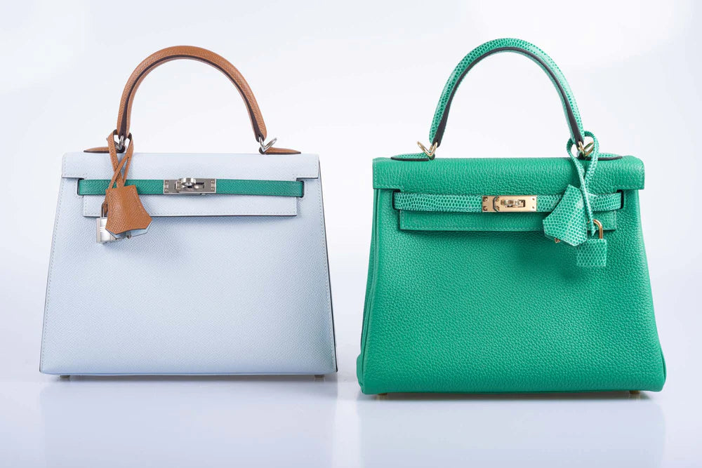 HERMÈS KELLY SELLIER 25 TRI-COLOR BLEU BRUME, VERT JADE AND GOLD EPSOM PALLADIUM HARDWARE