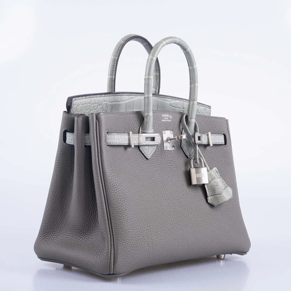 HERMÈS TOUCH BIRKIN 25 GRIS MEYER TOGO AND GRIS CEMENT MATTE ALLIGATOR PALLADIUM HARDWARE