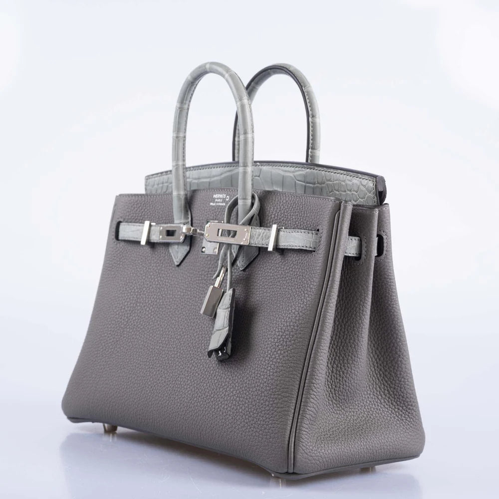 HERMÈS TOUCH BIRKIN 25 GRIS MEYER TOGO AND GRIS CEMENT MATTE ALLIGATOR PALLADIUM HARDWARE