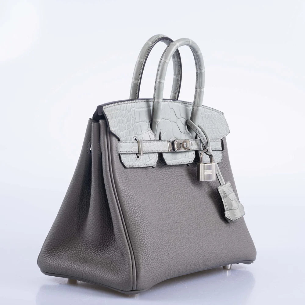 HERMÈS TOUCH BIRKIN 25 GRIS MEYER TOGO AND GRIS CEMENT MATTE ALLIGATOR PALLADIUM HARDWARE