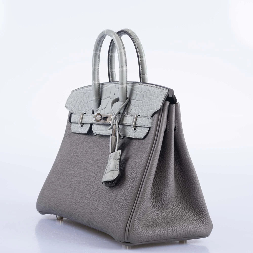 HERMÈS TOUCH BIRKIN 25 GRIS MEYER TOGO AND GRIS CEMENT MATTE ALLIGATOR PALLADIUM HARDWARE