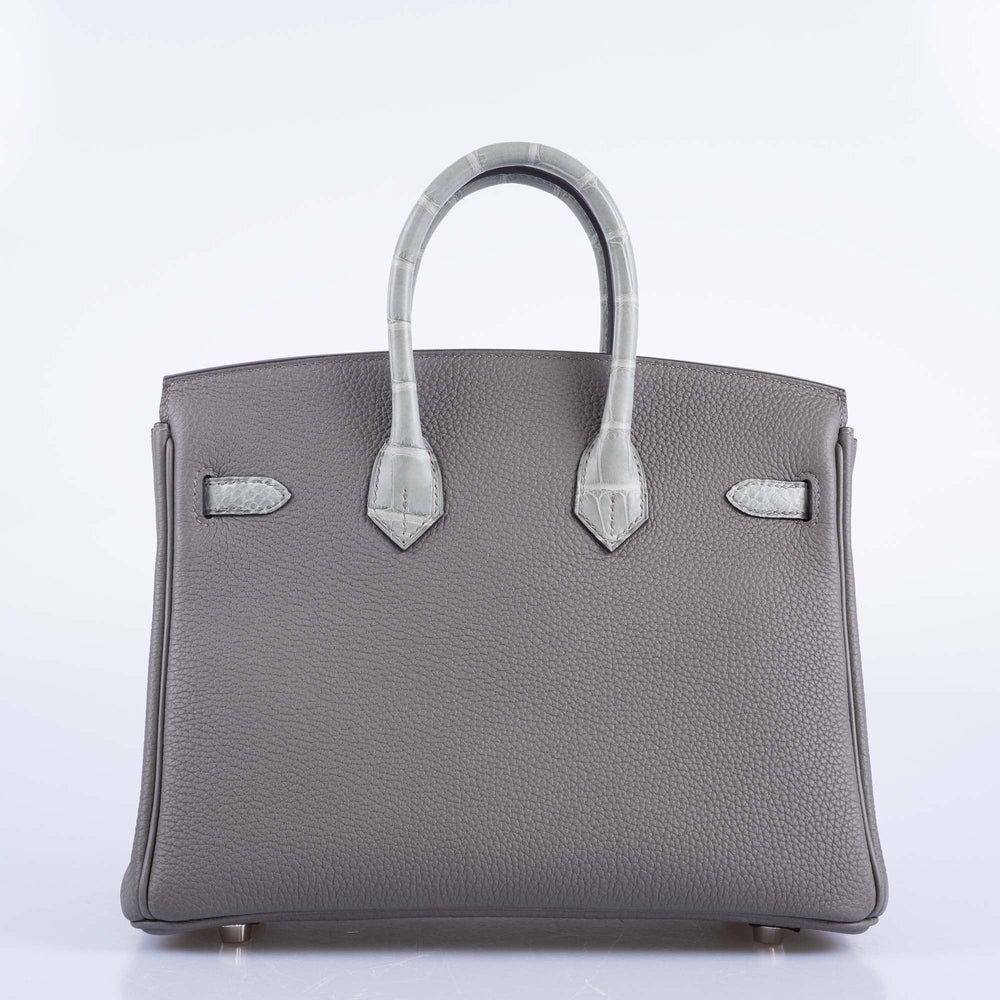 HERMÈS TOUCH BIRKIN 25 GRIS MEYER TOGO AND GRIS CEMENT MATTE ALLIGATOR PALLADIUM HARDWARE