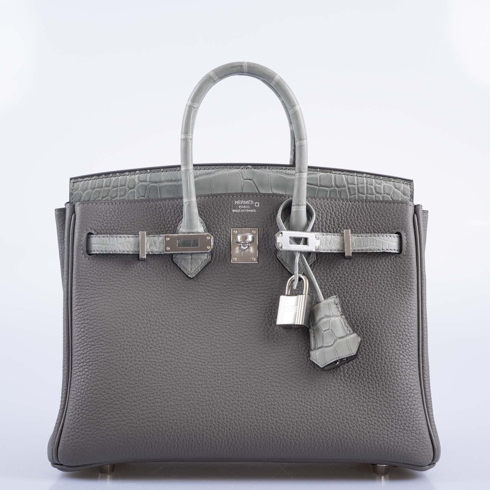 HERMÈS TOUCH BIRKIN 25 GRIS MEYER TOGO AND GRIS CEMENT MATTE ALLIGATOR PALLADIUM HARDWARE